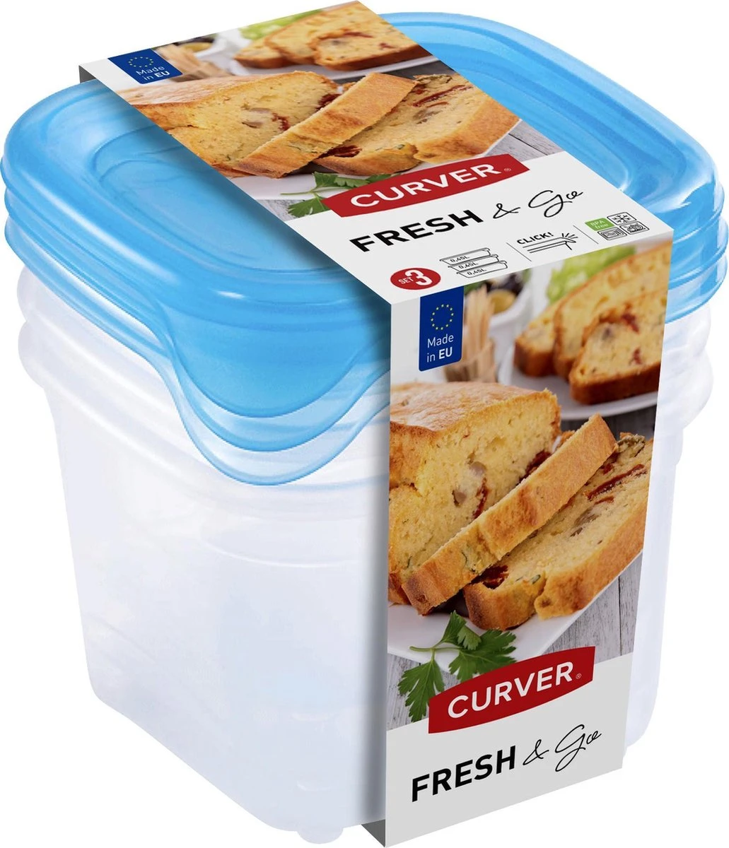 Curver Fresh & Go Vershoudbakjes Met Deksel - Vierkant - 3x0,45L - 3 Stuks - Transparant/Blauw 3 Curver Fresh & Go Vershoudbakjes Met Deksel - Vierkant - 3x0,45L - 3 Stuks - Transparant/Blauw