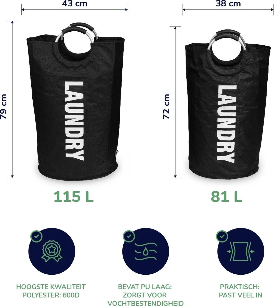 Wonair Wasmand – Waszak – Wassorteerder - Opvouwbaar – Zwart – 115L 7 Wonair Wasmand – Waszak – Wassorteerder - Opvouwbaar – Zwart – 115L - Afbeelding 5