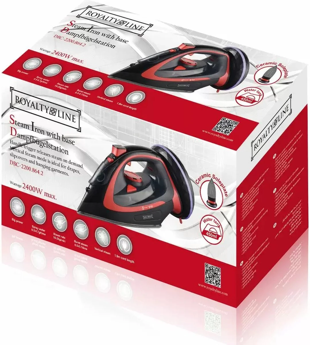 Royalty Line Draadloos Strijkijzer - Krachtig Snoerloos Strijken - Snoerloze Stoomstrijkijzer - Droogstrijkijzer - 2400W - Strijkijzer Met Stoomgenerator - 450ML Watercapaciteit - Rood 10 Royalty Line Draadloos Strijkijzer - Krachtig Snoerloos Strijken - Snoerloze Stoomstrijkijzer - Droogstrijkijzer - 2400W - Strijkijzer Met Stoomgenerator - 450ML Watercapaciteit - Rood - Afbeelding 8