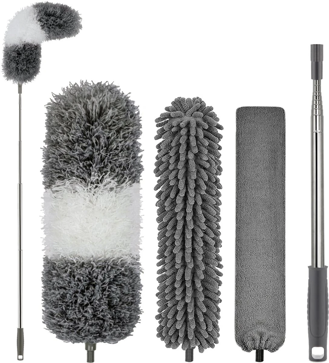 Novabeau® - Telescopische Plumeau – Plumeau Met Telescoopsteel – Ragebol – Uitschuifbaar – Grijs – 3-delige Set 3 Novabeau® - Telescopische Plumeau – Plumeau Met Telescoopsteel – Ragebol – Uitschuifbaar – Grijs – 3-delige Set