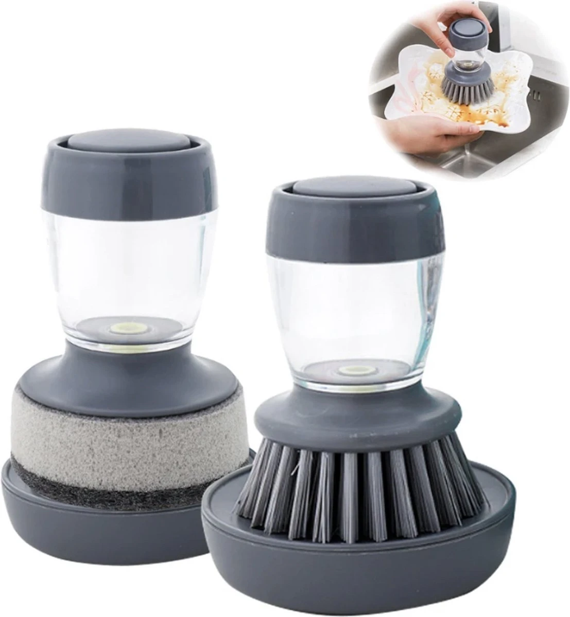 Afwasborstel Met Zeepdispenser – Met 3 Verschillende Opzet Stukken – Inclusief Houder – Grijs – Afwas Borstel Zeepreservoir – Zeep Handborstel – Doseerpomp – Afwasmiddel Dispenser – Navulbaar 7 Afwasborstel Met Zeepdispenser – Met 3 Verschillende Opzet Stukken – Inclusief Houder – Grijs – Afwas Borstel Zeepreservoir – Zeep Handborstel – Doseerpomp – Afwasmiddel Dispenser – Navulbaar - Afbeelding 5