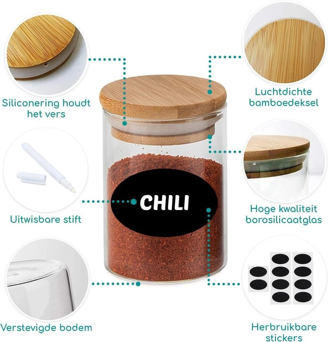 Quality Needz - Voorraadbussen - 250 ML - Glazen Potjes Met Deksel - Kruidenpotjes - 10 Delige Set - BPA-vrij - Gratis Pen & Herschrijfbare Stickers 4 Quality Needz - Voorraadbussen - 250 ML - Glazen Potjes Met Deksel - Kruidenpotjes - 10 Delige Set - BPA-vrij - Gratis Pen & Herschrijfbare Stickers - Afbeelding 2