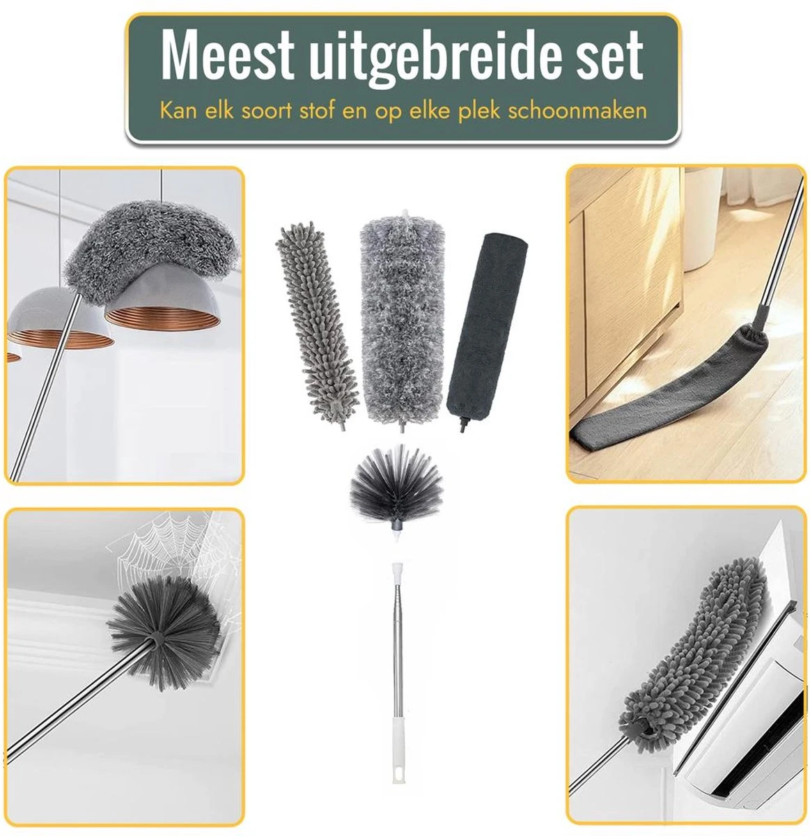 Livv Goods Telescopische Plumeau Set Met Telescoopsteel - 5 In 1 - Tot 250 Cm Uitschuifbaar - Duster - Stoffer 4 Livv Goods Telescopische Plumeau Set Met Telescoopsteel - 5 In 1 - Tot 250 Cm Uitschuifbaar - Duster - Stoffer - Afbeelding 2