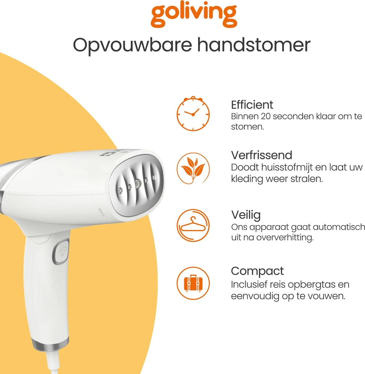 Goliving Kledingstomer - Handstomer Voor Kleding/textiel/stof - Stoomstrijkijzer - Handstoomreiniger - Handstomer - Opvouwbaar - Incl. Reis-etui - Wit 7 Goliving Kledingstomer - Handstomer Voor Kleding/textiel/stof - Stoomstrijkijzer - Handstoomreiniger - Handstomer - Opvouwbaar - Incl. Reis-etui - Wit - Afbeelding 5