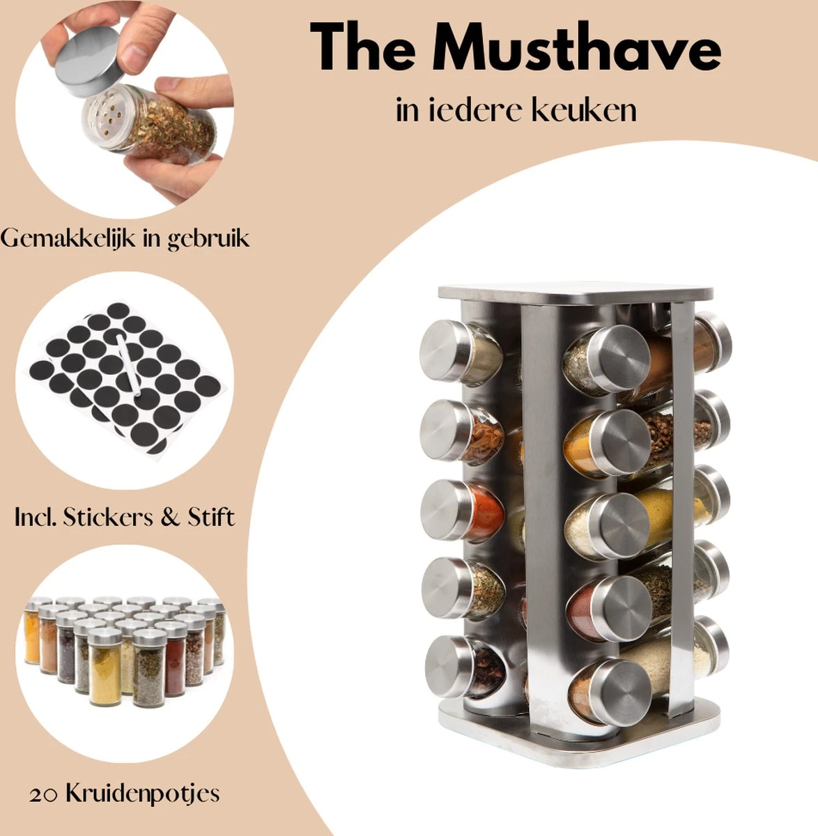 Pazzo Goods - Kruidenrek Staand - Kruidenrek Met Potjes - Zilver - RVS - Kruidenrek Draaibaar - 20 Kruidenpotjes - Inclusief Stickers & Stift - Kruiden Carrousel 4 Pazzo Goods - Kruidenrek Staand - Kruidenrek Met Potjes - Zilver - RVS - Kruidenrek Draaibaar - 20 Kruidenpotjes - Inclusief Stickers & Stift - Kruiden Carrousel - Afbeelding 2