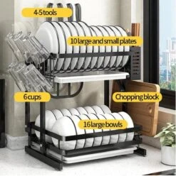 Doogo® Afdruiprek Met Lekbak 2 Laags – Inklapbaar - Muur Hangen Mogelijke - Afwasrek – Met 2 Lekbakken – Extra Accessories Voor Servies En Snijplanken - RVS -Winkel Voor Dagelijkse Benodigdheden 1195x1200 13