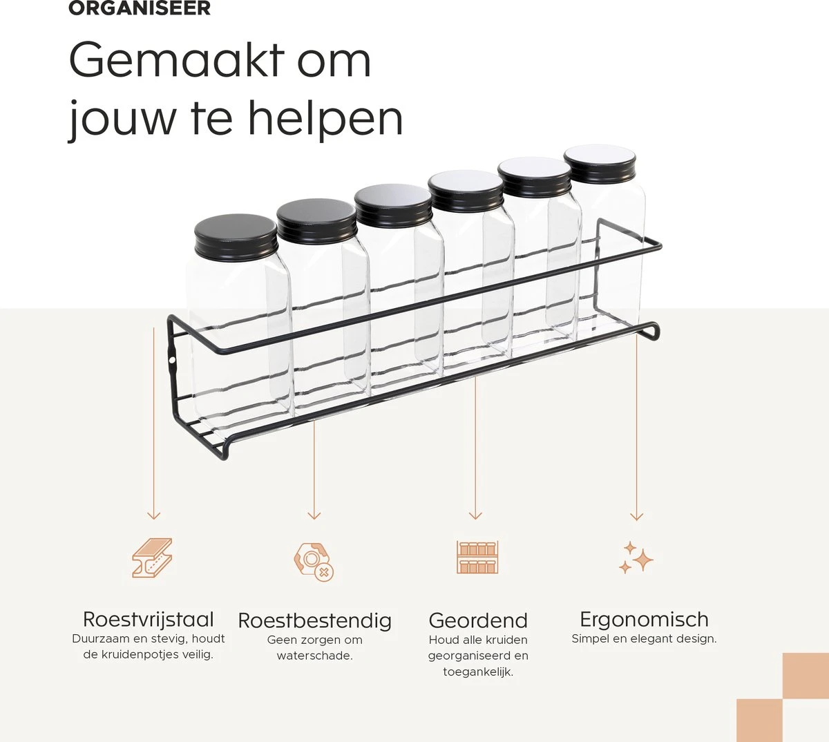 Noswo Kruidenrek Ophangbaar - Voor 24 Kruidenpotjes - 4 Stuks - Keukenrek Hangend - RVS - Zwart 6 Noswo Kruidenrek Ophangbaar - Voor 24 Kruidenpotjes - 4 Stuks - Keukenrek Hangend - RVS - Zwart - Afbeelding 4