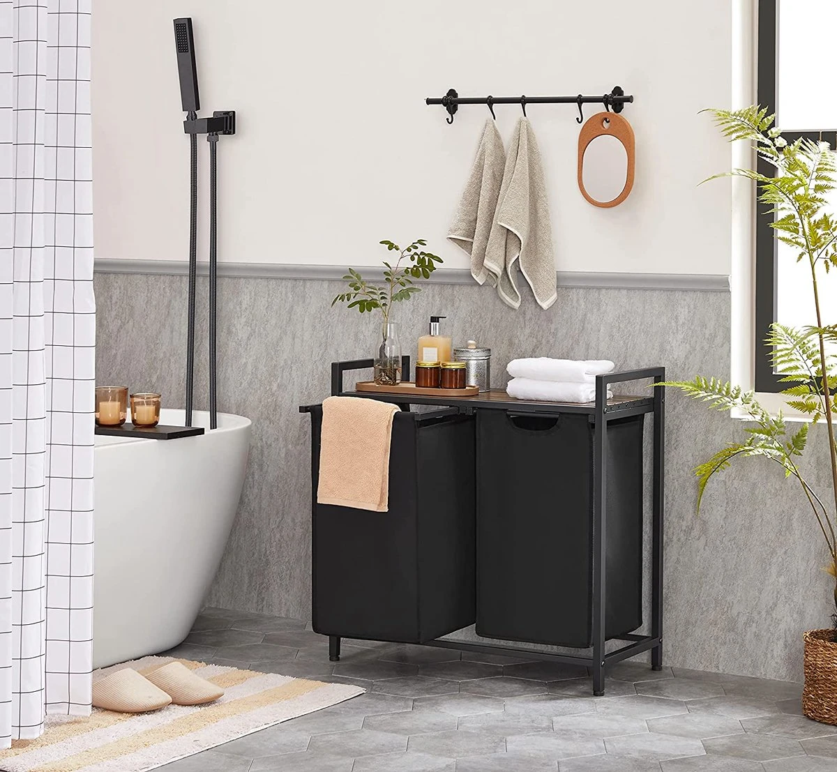 C90 - SISO-CO Wasmand, Wassorteerder Met Plank En Uittrekbare Zakken, Wasorganizer, Metalen Frame, 2 Oxford-stoffen Afneembare Zakken, Rustieke Bruin En Zwart BLH201B01 3 C90 - SISO-CO Wasmand, Wassorteerder Met Plank En Uittrekbare Zakken, Wasorganizer, Metalen Frame, 2 Oxford-stoffen Afneembare Zakken, Rustieke Bruin En Zwart BLH201B01