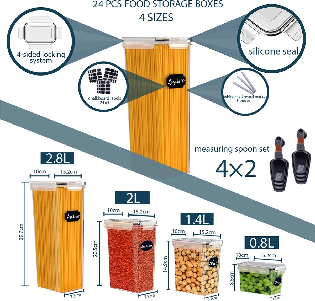 Empyrea Set Van 24 Luchtdichte Vershouddozen, Voorraad Bussen Opslag En Organisatie, Keuken En Voedselcontainer, Voorraadpotten Van Kunststof, BPA-vrij, 72 Etiketten, 3 Markers En 8 Lepels Meegeleverd | Keuken Organizer Voorraadcontainers 3 Empyrea Set Van 24 Luchtdichte Vershouddozen, Voorraad Bussen Opslag En Organisatie, Keuken En Voedselcontainer, Voorraadpotten Van Kunststof, BPA-vrij, 72 Etiketten, 3 Markers En 8 Lepels Meegeleverd | Keuken Organizer Voorraadcontainers - Afbeelding 2