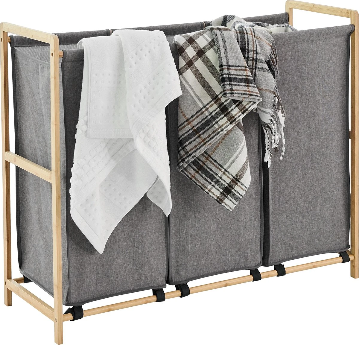 ACAZA Grote Wassorteerder Met 3 Vakken - XL Wasmand - Stof / Bamboe - Grijs 3 ACAZA Grote Wassorteerder Met 3 Vakken - XL Wasmand - Stof / Bamboe - Grijs