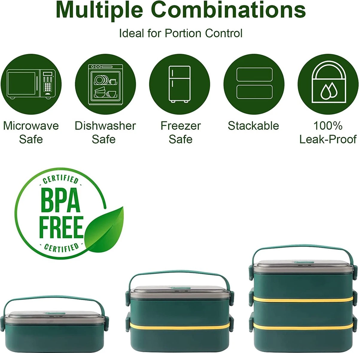 Lunchbox, Bento Box Voor Volwassenen Kinderen, Kinderlunchbox Met Compartimenten, 3-laags Lekvrije Bento-lunchbox Met Vork, Lepel, Geschikt Voor Lunchbox Voor Werk, Kantoor, School (2,25L Groen) 4 Lunchbox, Bento Box Voor Volwassenen Kinderen, Kinderlunchbox Met Compartimenten, 3-laags Lekvrije Bento-lunchbox Met Vork, Lepel, Geschikt Voor Lunchbox Voor Werk, Kantoor, School (2,25L Groen) - Afbeelding 2