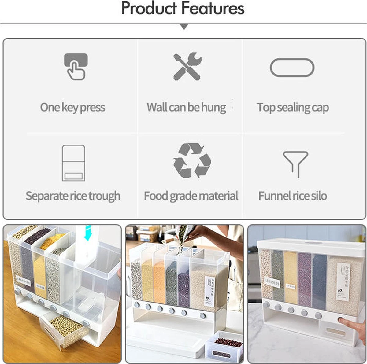 Food Dispensers - Cereal & Noten Dispensers - Rijst Dispensers - 6 Containers - Wit - 5 Food Dispensers - Cereal & Noten Dispensers - Rijst Dispensers - 6 Containers - Wit - - Afbeelding 3