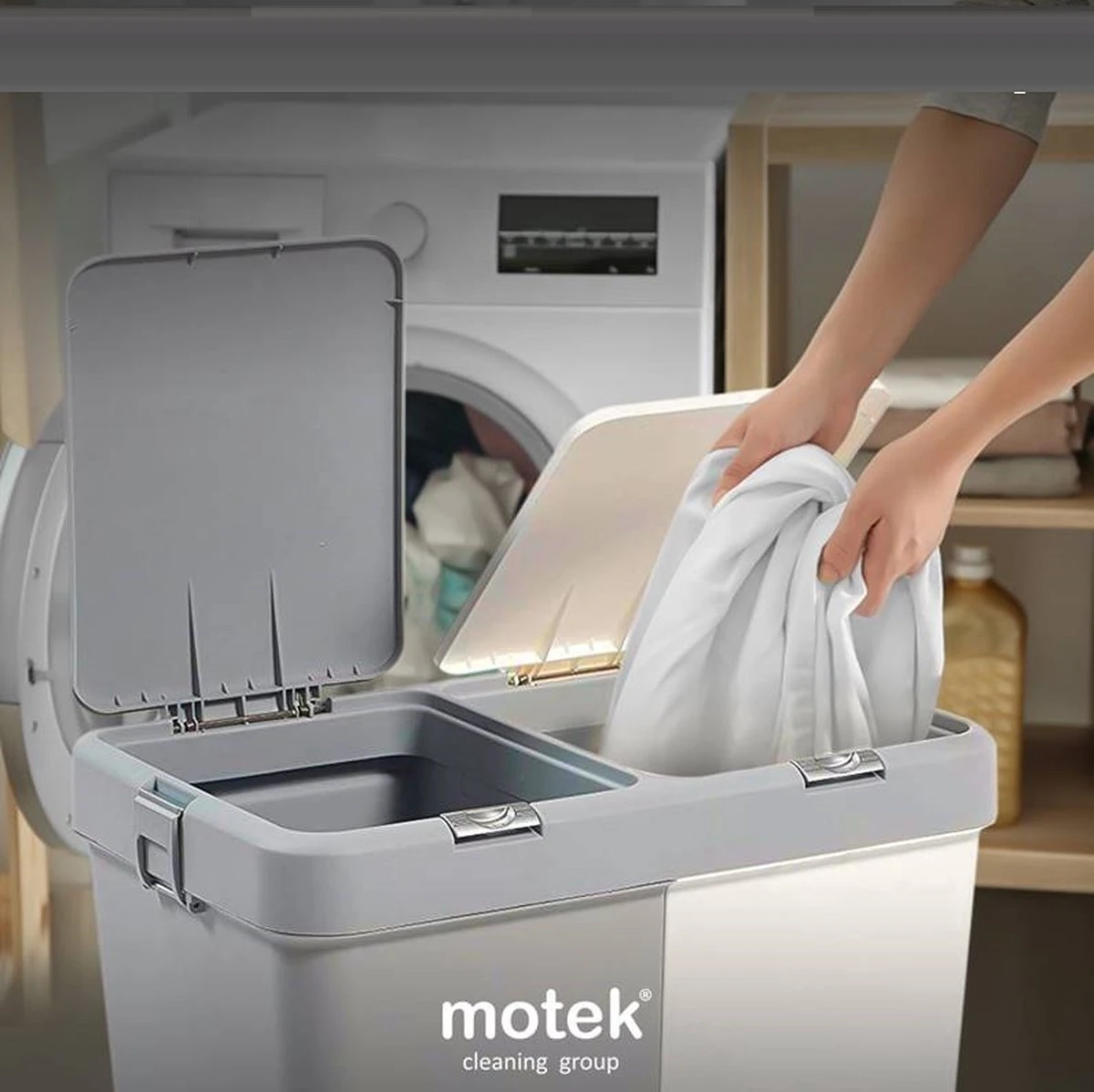 Motek® - Wasmand - 2 Vakken Met Deksel - Met Touch Deksel - Gemaakt Van 100% Gerecycled Kunststof - 80 L - Wasmand Met Deksel - Wassorteerder - Beige 8 Motek® - Wasmand - 2 Vakken Met Deksel - Met Touch Deksel - Gemaakt Van 100% Gerecycled Kunststof - 80 L - Wasmand Met Deksel - Wassorteerder - Beige - Afbeelding 6