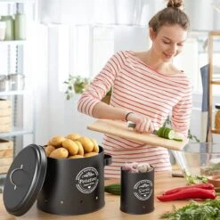 Professionele Bewaardozen - Set Van 3 - Voor Aardappels, Uien En Knoflook - Retro Design - Voorraadcontainer Van Metaal - Keukenopslag - Groentes Bewaren Voor Lange Tijd - Perfect Cadeau Voor In De Keuken -Winkel Voor Dagelijkse Benodigdheden 1200x1200 1350