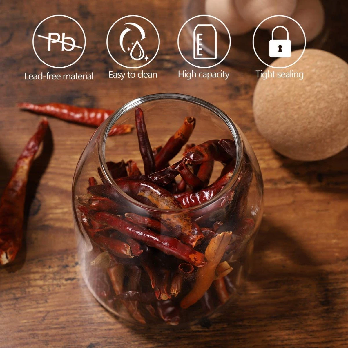 Igoods Helderglazen - Voorraadpot Met Kurkbal - Thee- En Koffiebus Met Bolvormig Houten Deksel - Voedselblikken - Keukenopslag - Opslagpotten 7 Igoods Helderglazen - Voorraadpot Met Kurkbal - Thee- En Koffiebus Met Bolvormig Houten Deksel - Voedselblikken - Keukenopslag - Opslagpotten - Afbeelding 5