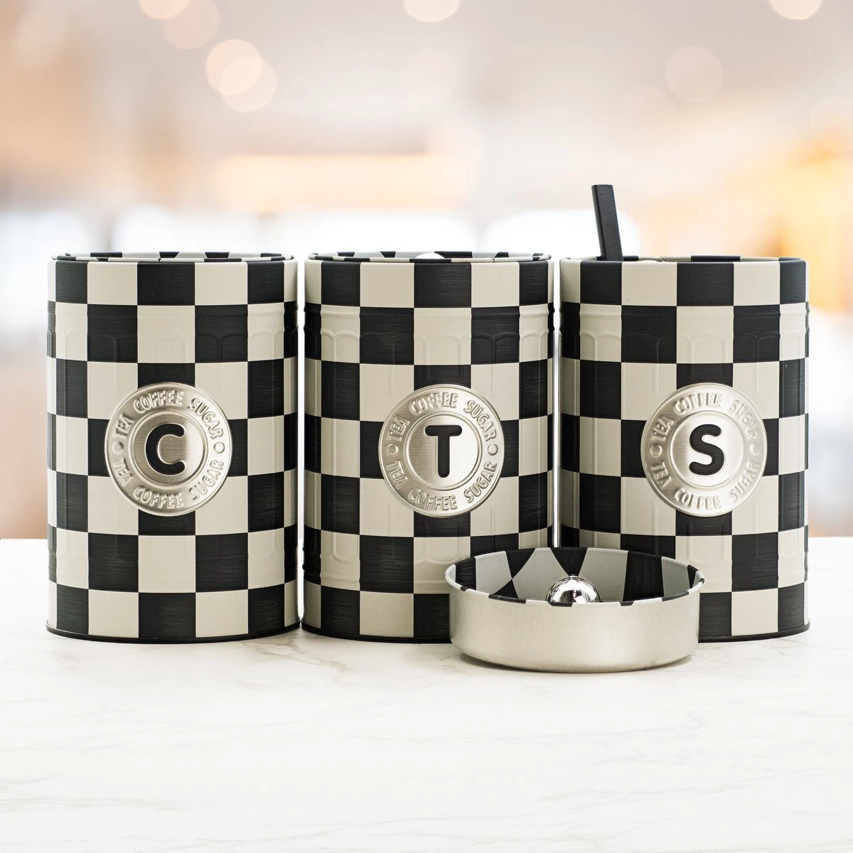 Industrial Living Voorraadblikken – Voorraadbussen Koffie Thee Suiker – Bewaarblik – Checkerboard – Voorraadpot Geblokt Voor Koek – Metaal - Set Van 3 – Zwart - Wit 5 Industrial Living Voorraadblikken – Voorraadbussen Koffie Thee Suiker – Bewaarblik – Checkerboard – Voorraadpot Geblokt Voor Koek – Metaal - Set Van 3 – Zwart - Wit - Afbeelding 3