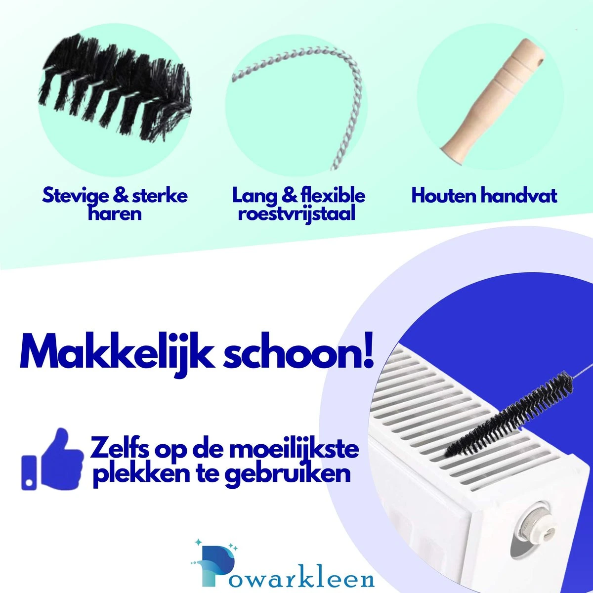 Powarkleen® - Radiatorborstel - Flexibel - Houten Handvat - Roestvrijstaal - Schoonmaakborstel - 70cm Lang! - 1 Stuk 4 Powarkleen® - Radiatorborstel - Flexibel - Houten Handvat - Roestvrijstaal - Schoonmaakborstel - 70cm Lang! - 1 Stuk - Afbeelding 2