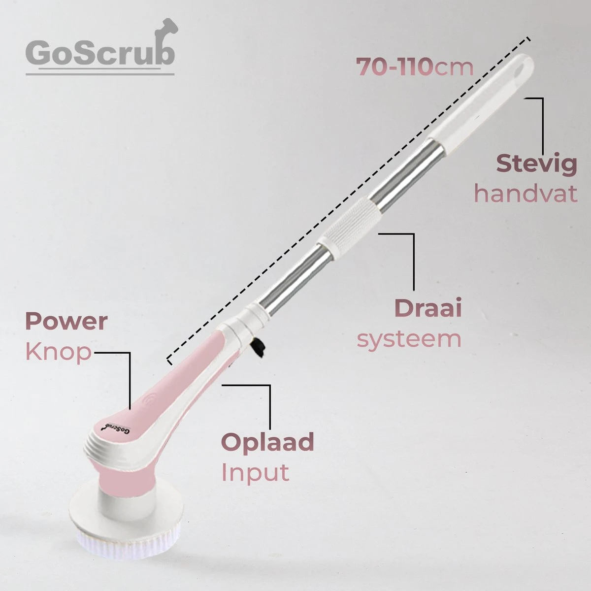 GoScrub® Elektrische Schoonmaakborstel – Elektrische Schrobber - Schrobborstel – Voor Badkamer Of Keuken – Schrobber Met Steel – Luiwagen – Polijstmachine - Roze 8 GoScrub® Elektrische Schoonmaakborstel – Elektrische Schrobber - Schrobborstel – Voor Badkamer Of Keuken – Schrobber Met Steel – Luiwagen – Polijstmachine - Roze - Afbeelding 6