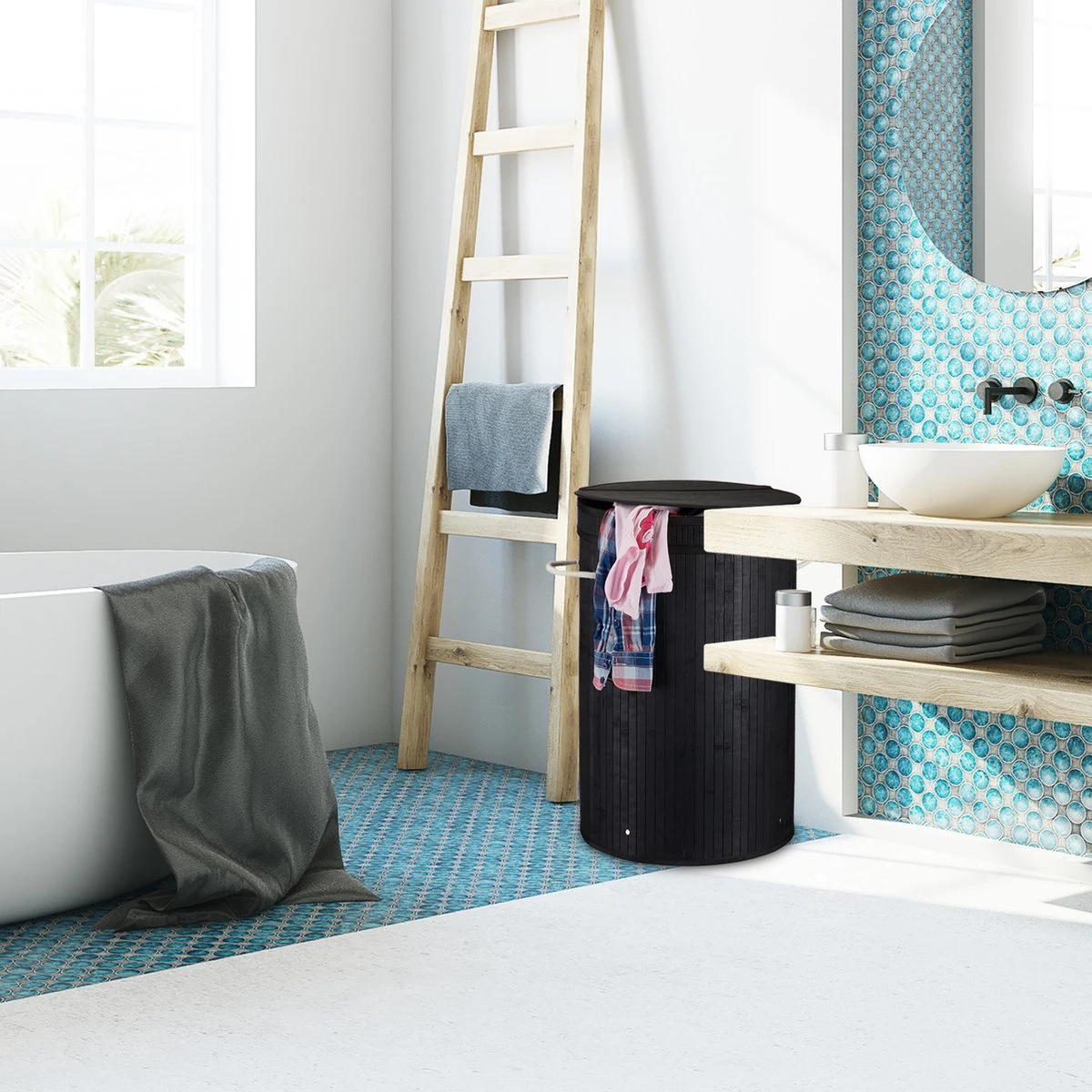 Relaxdays Wasmand Bamboe - Ronde Wasbox Met Deksel - 63 X 40 Cm - 65 Liter - Zwart 4 Relaxdays Wasmand Bamboe - Ronde Wasbox Met Deksel - 63 X 40 Cm - 65 Liter - Zwart - Afbeelding 2