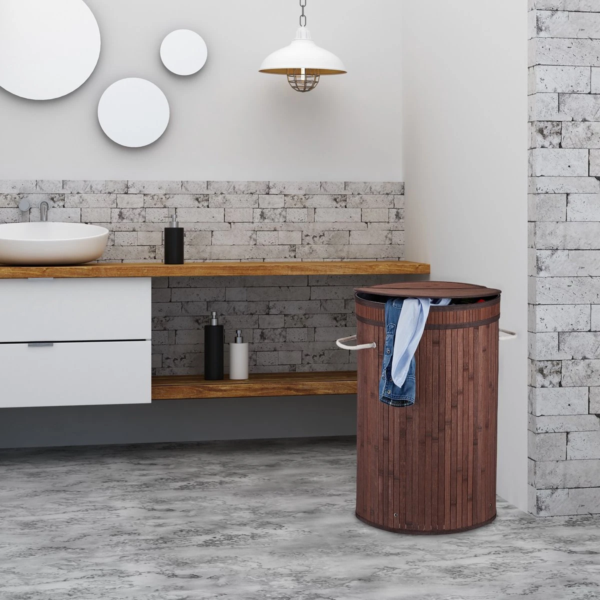 Relaxdays Wasmand Bamboe - Ronde Wasbox Met Deksel - 63 X 40 Cm - 65 Liter - Zwart 6 Relaxdays Wasmand Bamboe - Ronde Wasbox Met Deksel - 63 X 40 Cm - 65 Liter - Zwart - Afbeelding 4