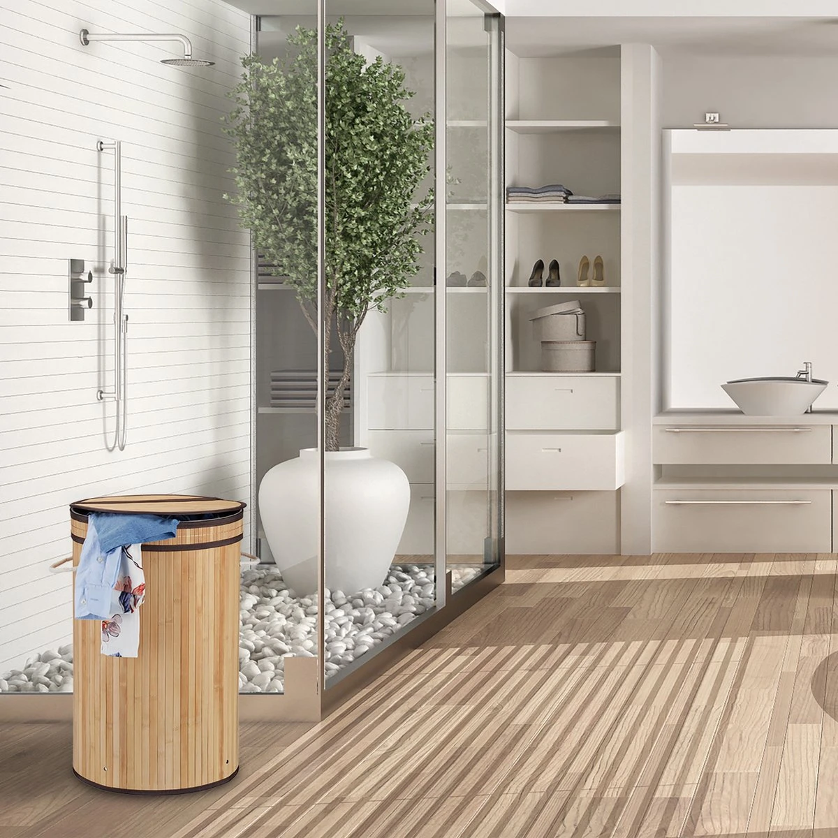 Relaxdays Wasmand Bamboe - Ronde Wasbox Met Deksel - 63 X 40 Cm - 65 Liter - Zwart 8 Relaxdays Wasmand Bamboe - Ronde Wasbox Met Deksel - 63 X 40 Cm - 65 Liter - Zwart - Afbeelding 6