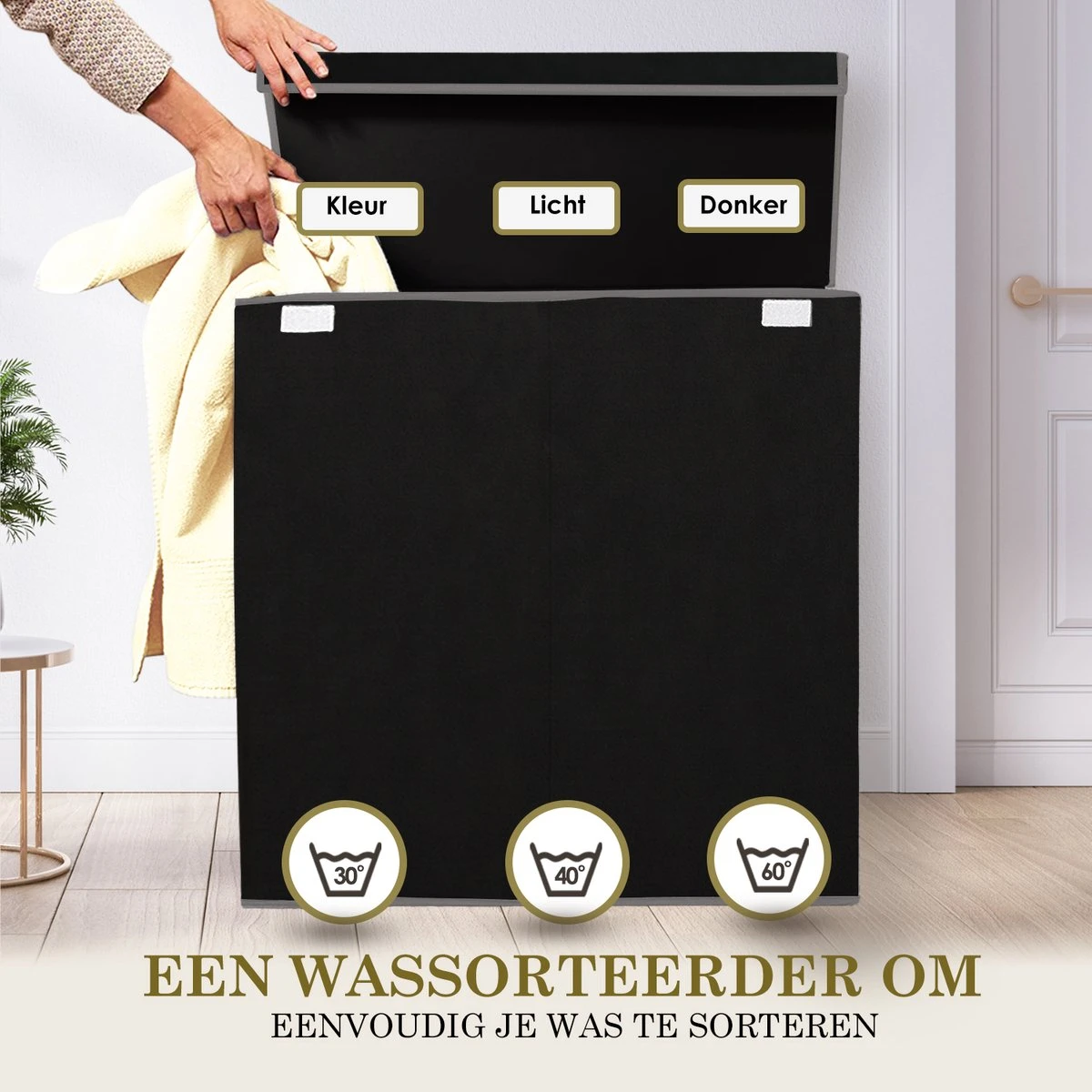 MIRI Wasmand – 3 Vakken Met Deksel – Wassorteerder – Zwart – 120 Liter – Wasbox – Opvouwbaar – Organizer Kleding – Laundry Basket 4 MIRI Wasmand – 3 Vakken Met Deksel – Wassorteerder – Zwart – 120 Liter – Wasbox – Opvouwbaar – Organizer Kleding – Laundry Basket - Afbeelding 2