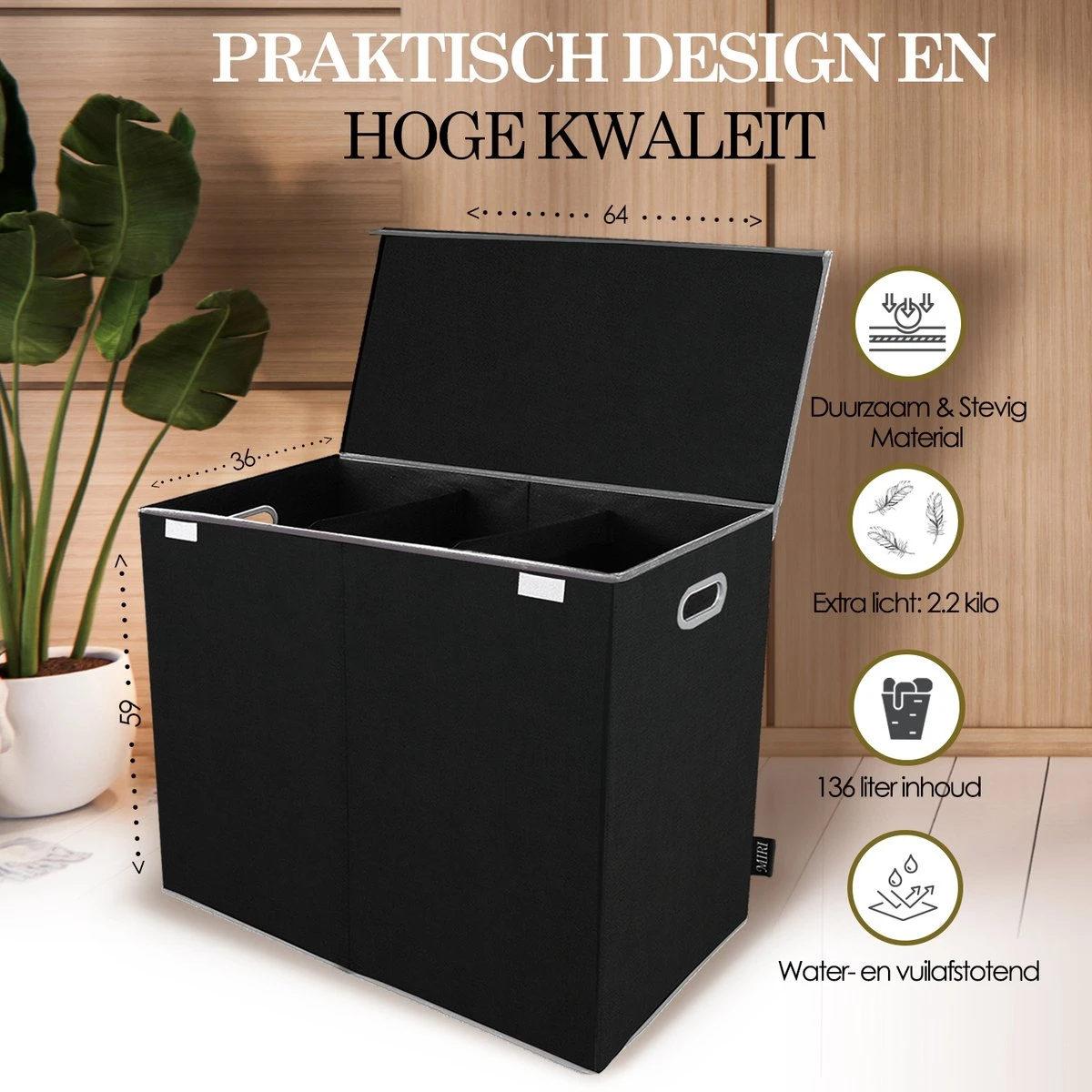 MIRI Wasmand – 3 Vakken Met Deksel – Wassorteerder – Zwart – 120 Liter – Wasbox – Opvouwbaar – Organizer Kleding – Laundry Basket 6 MIRI Wasmand – 3 Vakken Met Deksel – Wassorteerder – Zwart – 120 Liter – Wasbox – Opvouwbaar – Organizer Kleding – Laundry Basket - Afbeelding 4