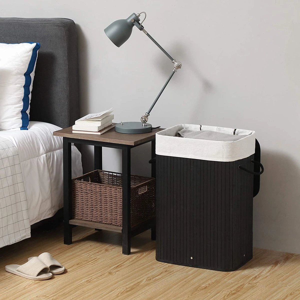 Merkloos Bamboe Wasmand Met Deksel, Katoenen Zak En Handvaten - 72L - Zwart 6 Merkloos Bamboe Wasmand Met Deksel, Katoenen Zak En Handvaten - 72L - Zwart - Afbeelding 4