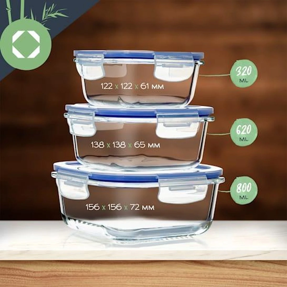 Klarstein Vierkante Glazen Box - Set Van 3 Vershoudbakjes : 800 Ml /620 Ml / 320 Ml - Met Deksel - Luchtdicht - Lekvrij 7 Klarstein Vierkante Glazen Box - Set Van 3 Vershoudbakjes : 800 Ml /620 Ml / 320 Ml - Met Deksel - Luchtdicht - Lekvrij - Afbeelding 5