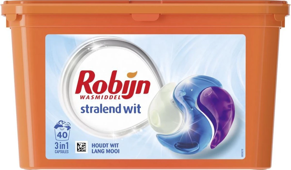 Robijn Stralend Wit 3 In 1 Wascapsules Speciaal Voor De Witte Was - 40 Wasbeurten Kwartaalbox 4 Robijn Stralend Wit 3 In 1 Wascapsules Speciaal Voor De Witte Was - 40 Wasbeurten Kwartaalbox - Afbeelding 2