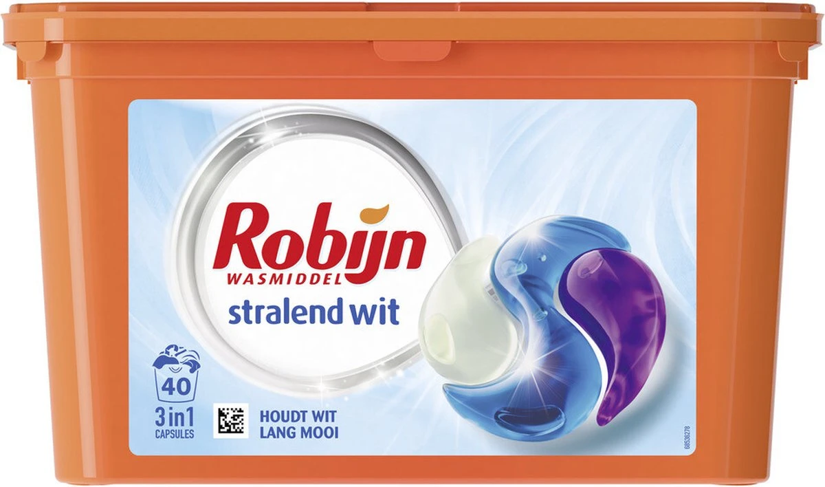 Robijn Stralend Wit 3 In 1 Wascapsules Speciaal Voor De Witte Was - 40 Wasbeurten Kwartaalbox 3 Robijn Stralend Wit 3 In 1 Wascapsules Speciaal Voor De Witte Was - 40 Wasbeurten Kwartaalbox