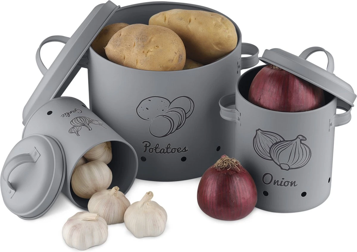 Navaris Set Van 3 Voorraadpotten - Voor Aardappelen, Uien En Knoflook - Metalen Voorraadblikken - Voor Opslag En Houdbaarheid - Vaatwasserbestendig 4 Navaris Set Van 3 Voorraadpotten - Voor Aardappelen, Uien En Knoflook - Metalen Voorraadblikken - Voor Opslag En Houdbaarheid - Vaatwasserbestendig - Afbeelding 2