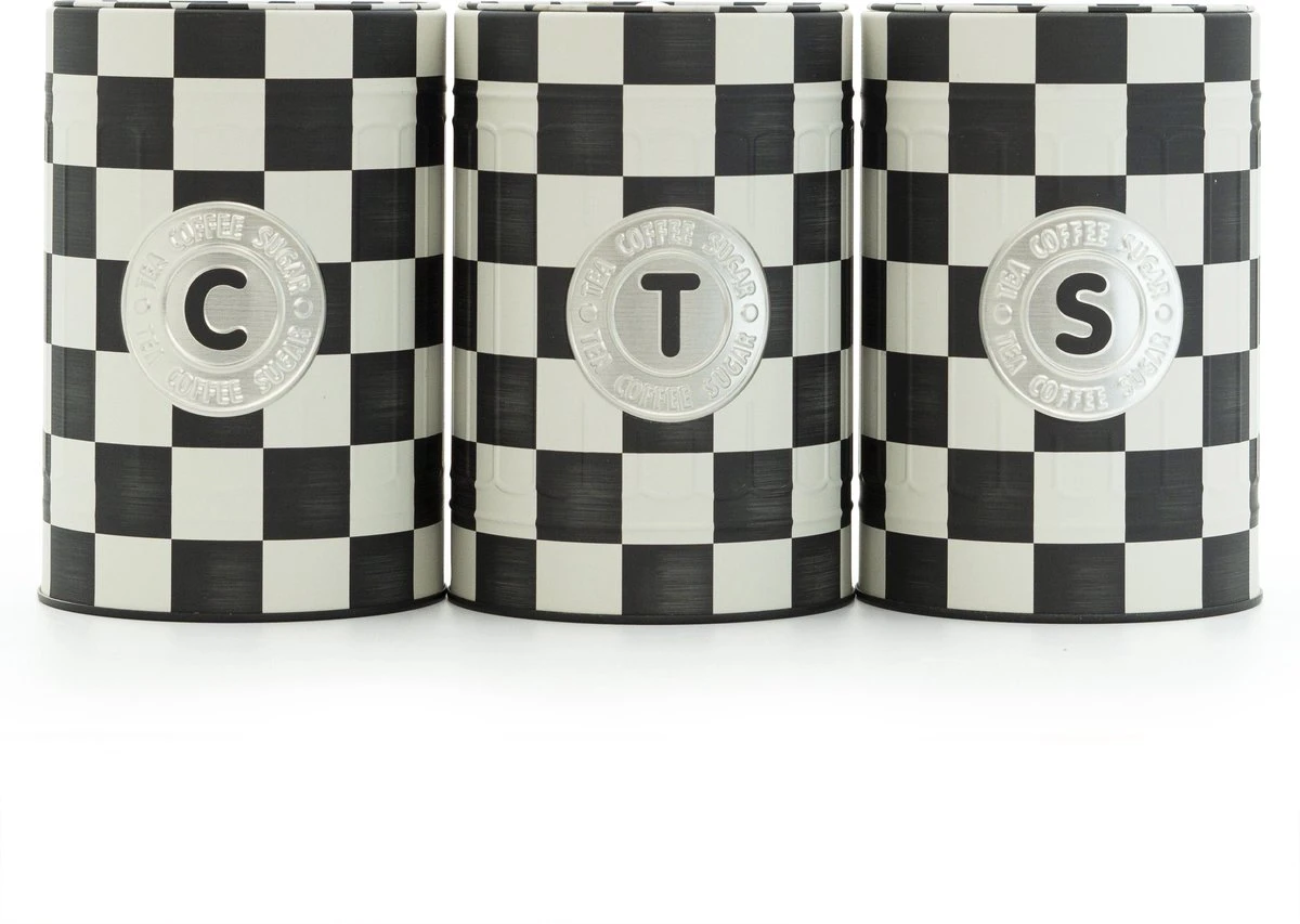 Industrial Living Voorraadblikken – Voorraadbussen Koffie Thee Suiker – Bewaarblik – Checkerboard – Voorraadpot Geblokt Voor Koek – Metaal - Set Van 3 – Zwart - Wit 3 Industrial Living Voorraadblikken – Voorraadbussen Koffie Thee Suiker – Bewaarblik – Checkerboard – Voorraadpot Geblokt Voor Koek – Metaal - Set Van 3 – Zwart - Wit