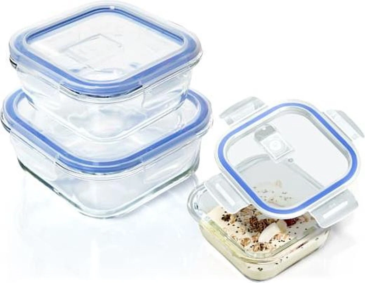 Klarstein Vierkante Glazen Box - Set Van 3 Vershoudbakjes : 800 Ml /620 Ml / 320 Ml - Met Deksel - Luchtdicht - Lekvrij 3 Klarstein Vierkante Glazen Box - Set Van 3 Vershoudbakjes : 800 Ml /620 Ml / 320 Ml - Met Deksel - Luchtdicht - Lekvrij