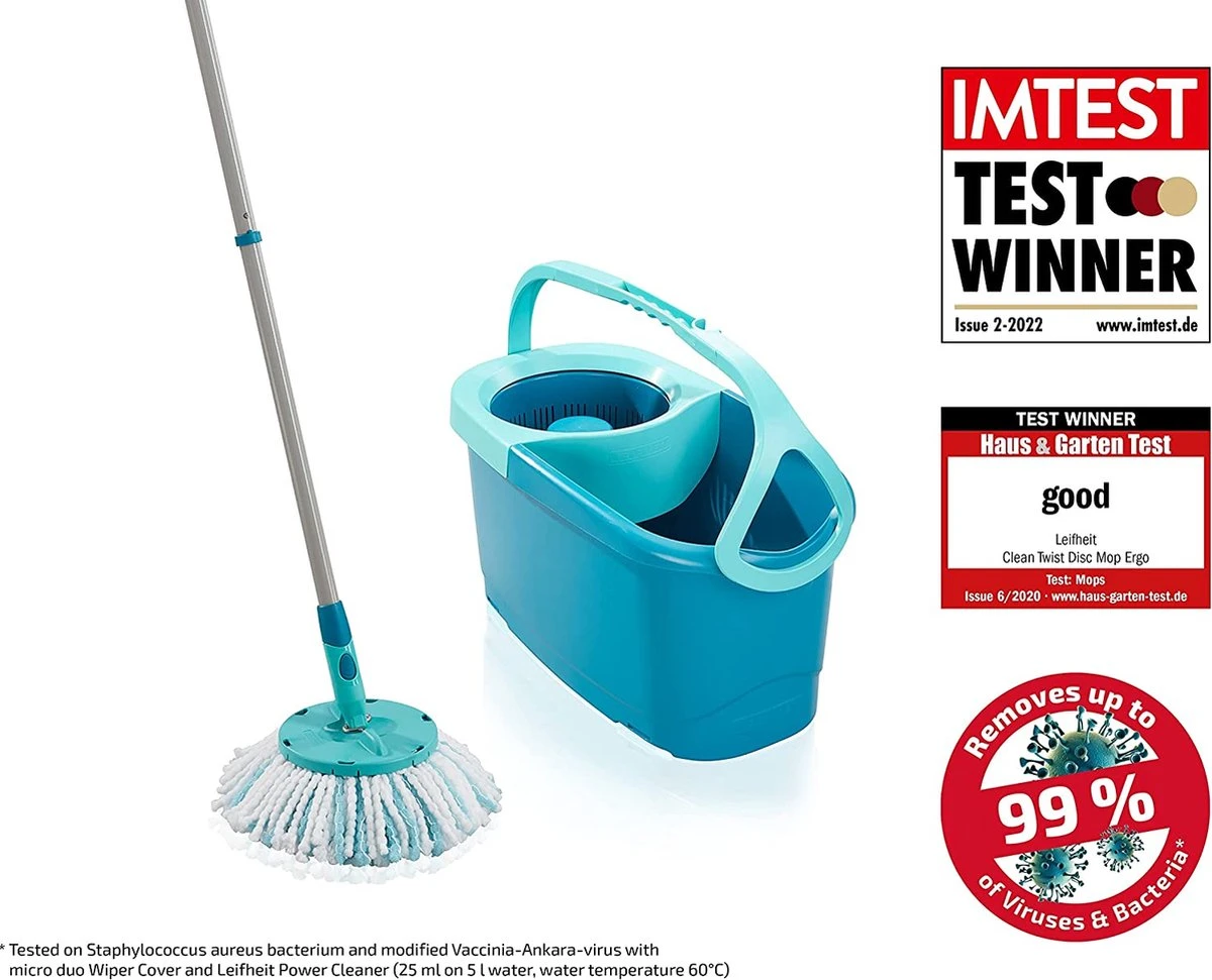 BERKATMARKT - Leifheit Set Clean Twist Disc Mop Ergo Wastafels, Emmer En Dweil, Eenvoudig Te Bedienen, Microvezel Mop En Telescoopsteel 4 BERKATMARKT - Leifheit Set Clean Twist Disc Mop Ergo Wastafels, Emmer En Dweil, Eenvoudig Te Bedienen, Microvezel Mop En Telescoopsteel - Afbeelding 2