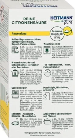 HEITMANN Pure Ontkalker- Citroenzuur Ontkalker, Natuurvriendelijke Kalkreiniger Voor Een Hygiënische Reiniging - Poeder, 1x 350 G -Winkel Voor Dagelijkse Benodigdheden 654x1200