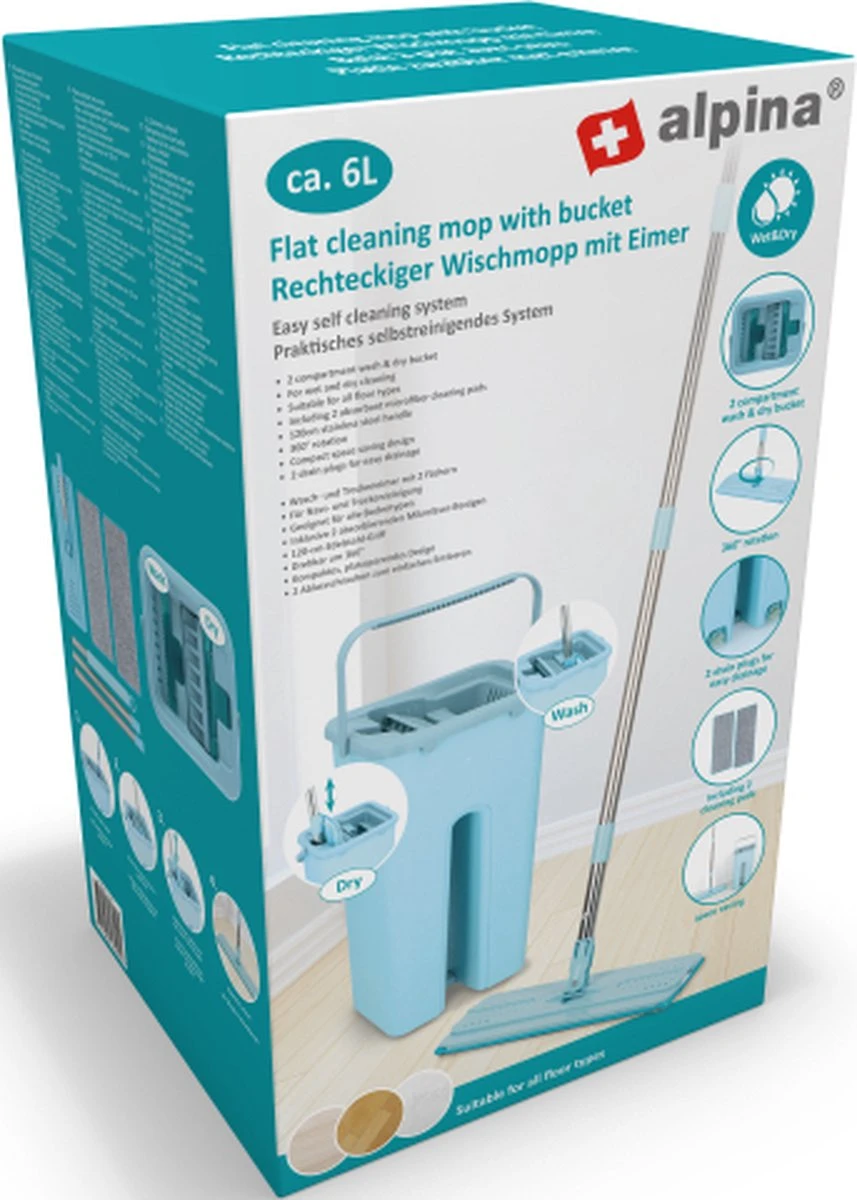 Alpina Platte Mop Met Emmer - Incl. 2 Microvezeldoeken - Voor Harde Vloeren - 360° Draaibaar 22 Alpina Platte Mop Met Emmer - Incl. 2 Microvezeldoeken - Voor Harde Vloeren - 360° Draaibaar - Afbeelding 20