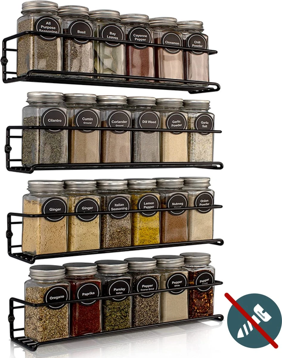 Mmoods Kruidenrek Ophangbaar Zonder Boren - 4 Laags Voor 24 Kruidenpotjes - Speciaal Voor Muur, Wandkast, Kastdeur - Hangende Kruidenorganizer Keuken - Keukenaccessoires 3 Mmoods Kruidenrek Ophangbaar Zonder Boren - 4 Laags Voor 24 Kruidenpotjes - Speciaal Voor Muur, Wandkast, Kastdeur - Hangende Kruidenorganizer Keuken - Keukenaccessoires