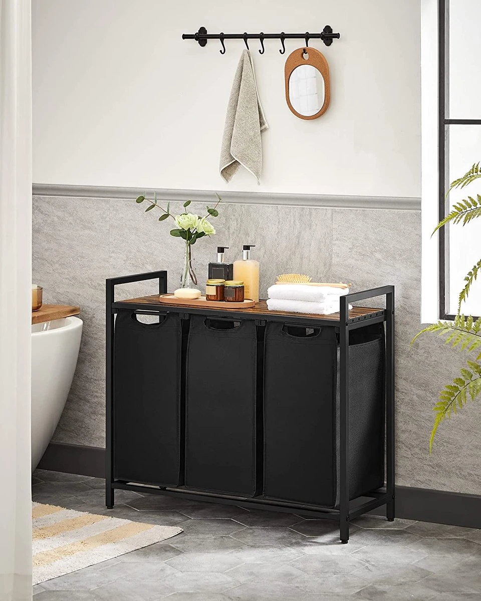 Wasmand, Wasverzamelaar, 3 Vakken, Met Legbord, Wassorteerbak, Waszak Uitschuifbaar En Uitneembaar, Per Waszak 38 Liter, Voor Badkamer, Wasruimte, Vintage Bruin-zwart 6 Wasmand, Wasverzamelaar, 3 Vakken, Met Legbord, Wassorteerbak, Waszak Uitschuifbaar En Uitneembaar, Per Waszak 38 Liter, Voor Badkamer, Wasruimte, Vintage Bruin-zwart - Afbeelding 4