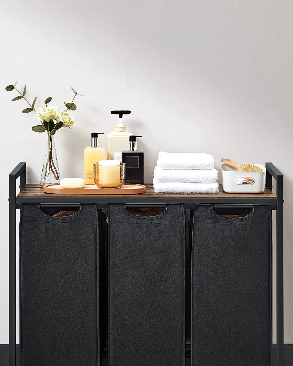 Wasmand, Wasverzamelaar, 3 Vakken, Met Legbord, Wassorteerbak, Waszak Uitschuifbaar En Uitneembaar, Per Waszak 38 Liter, Voor Badkamer, Wasruimte, Vintage Bruin-zwart 4 Wasmand, Wasverzamelaar, 3 Vakken, Met Legbord, Wassorteerbak, Waszak Uitschuifbaar En Uitneembaar, Per Waszak 38 Liter, Voor Badkamer, Wasruimte, Vintage Bruin-zwart - Afbeelding 2