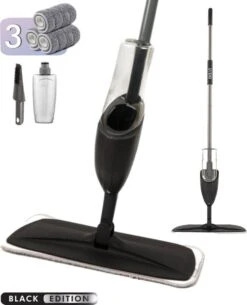 Zwarte Vloerwisser Met Spray Functie - Dweil - Spray Mop - Vloermop 130cm Steel - Schoonmaak Dweilsysteem - 42cm Wisbreedte Dweil - Vloertrekker Met Steel - Vloerreiniger - Dweilstok