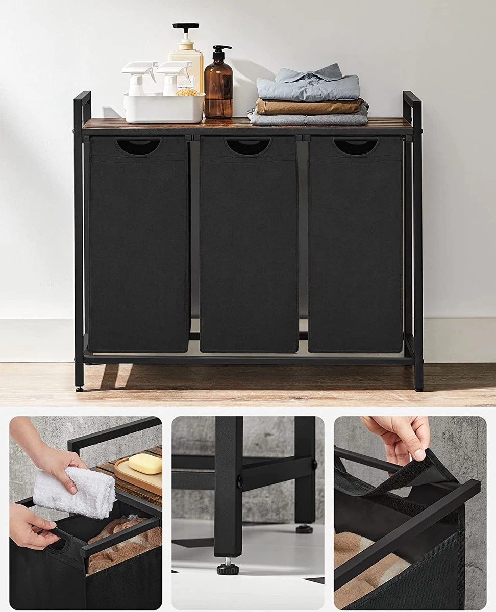 Wasmand, Wasverzamelaar, 3 Vakken, Met Legbord, Wassorteerbak, Waszak Uitschuifbaar En Uitneembaar, Per Waszak 38 Liter, Voor Badkamer, Wasruimte, Vintage Bruin-zwart 10 Wasmand, Wasverzamelaar, 3 Vakken, Met Legbord, Wassorteerbak, Waszak Uitschuifbaar En Uitneembaar, Per Waszak 38 Liter, Voor Badkamer, Wasruimte, Vintage Bruin-zwart - Afbeelding 8